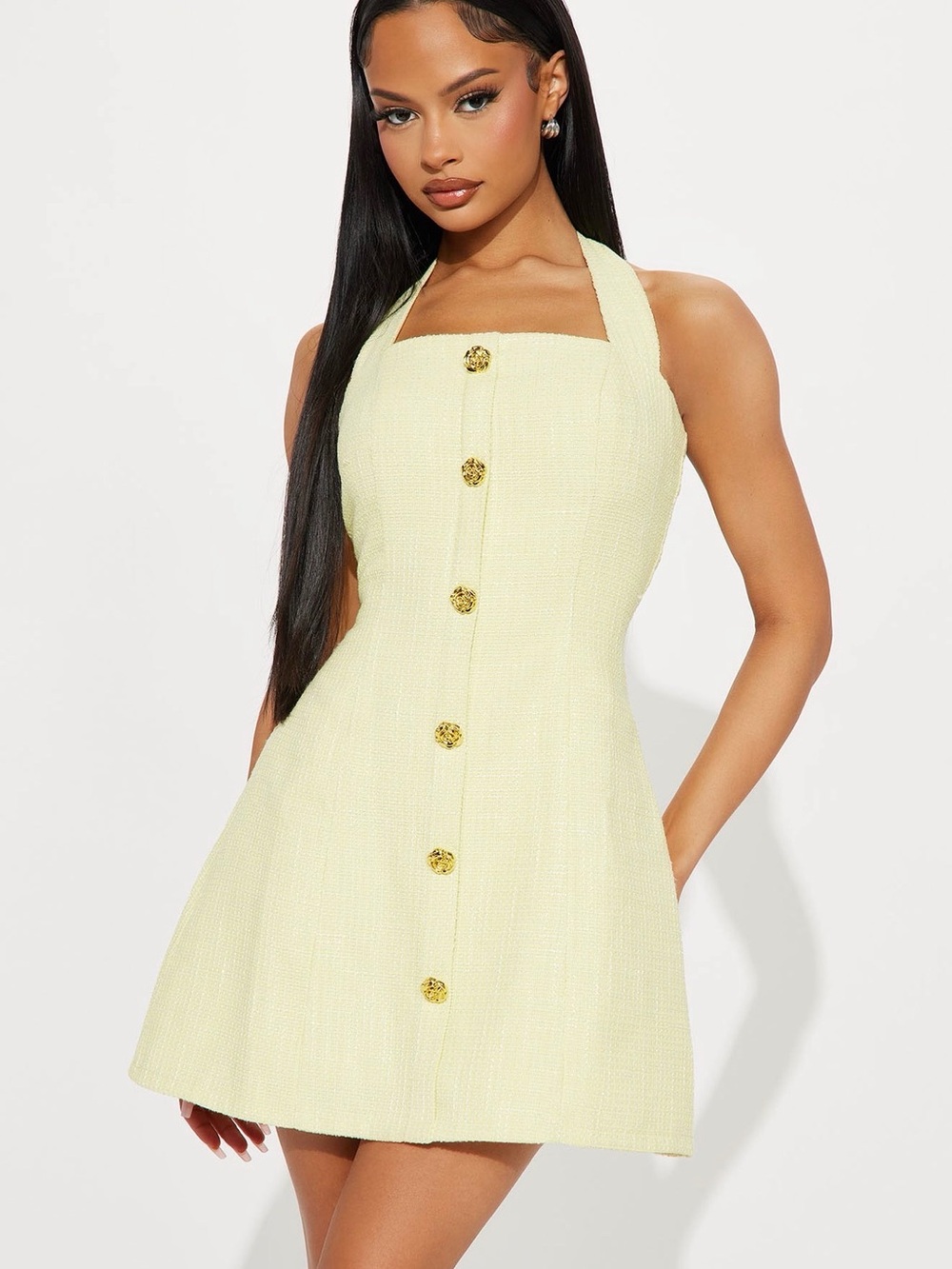Fashion Nova Pale Yellow Halter A-Line Mini Dress with Gold Buttons
